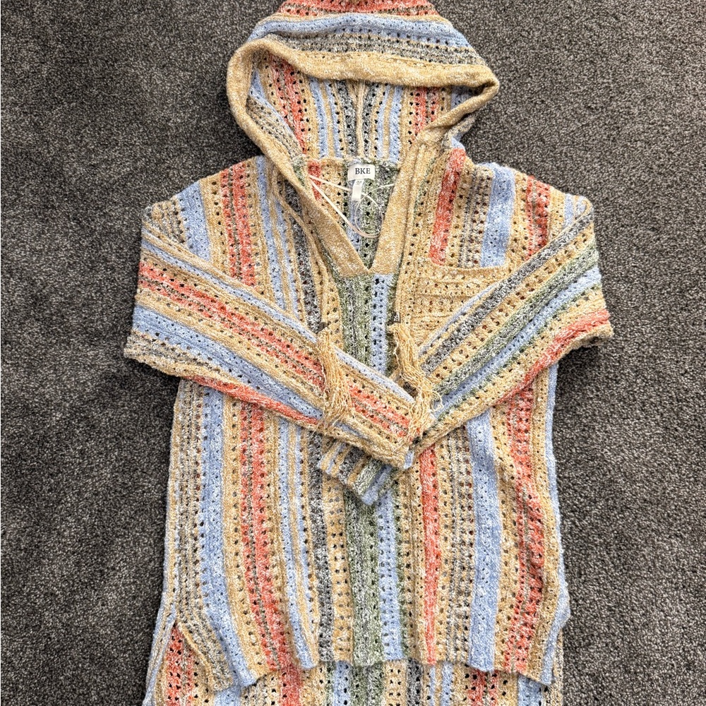 BKE Striped Crochet Hooded Knit Pullover